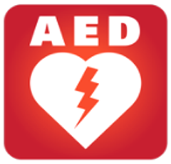 Graphic icon of AED symbol with heart.